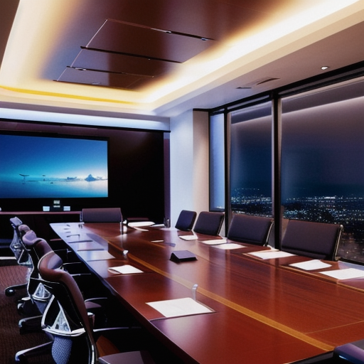 Professional boardroom with strategy documents and screens, no people
